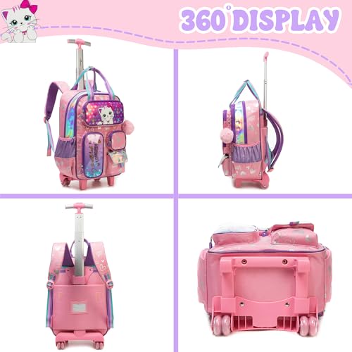 Rolling Backpacks with Wheels for Girls Cute Pink Cat School Roller Backpack,Kids Carry on Travel Luggage with Lunch Bag and Pencil Case for Girls Ages 5-12 - color: A Pink Cat