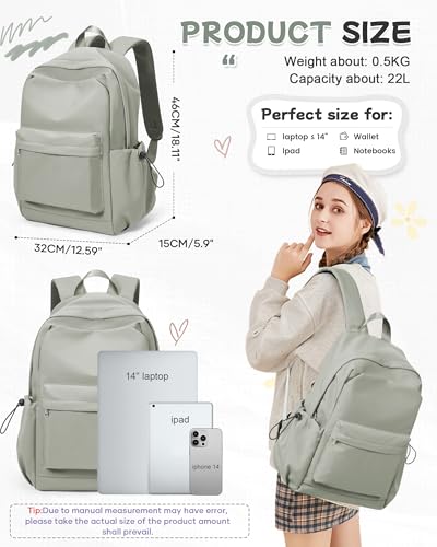 SEAFEW Small Green School Backpack Women, Unisex Lightweight Backpack School Bag Water-resistant Casual Rucksack fits 14 inch Laptop for Boys Girls Men and Women Bookbag College Daypack for Teenage - color: Green