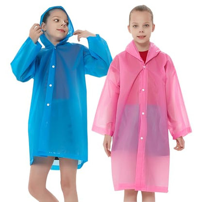 Rain Ponchos Raincoats for Kids, Reusable Boys Girls Rain Jackets Emergency with Hood for Family Disney Travel Outdoor - color: G-1pink+1blue