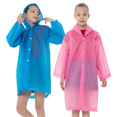 Rain Ponchos Raincoats for Kids, Reusable Boys Girls Rain Jackets Emergency with Hood for Family Disney Travel Outdoor - color: G-1pink+1blue