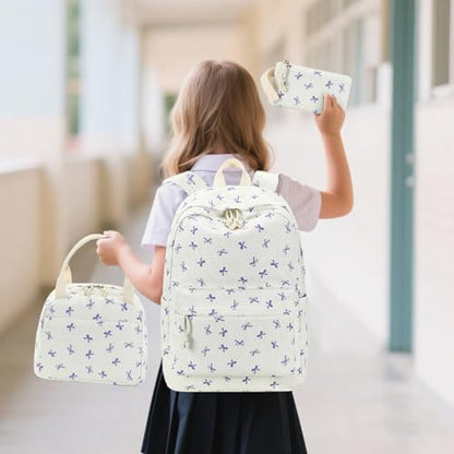 LEDAOU Backpack for Girls School Bag Kids Bookbag Teen Backpack Set Daypack with Lunch Bag and Pencil Case | Kids - color: Purple Bowtie -Beige