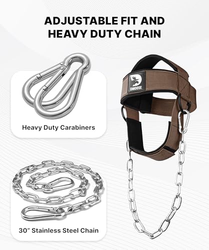 DMoose Fitness Neck Harness for Weight Lifting - Soft Padded Head & Chin Strap with 30" Heavy Duty Steel Chain - Neck Exerciser, Trainer & Strengthener to Support Injury Recovery and Intense Workouts - color: Cocoa Brown