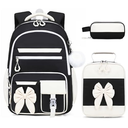 DIGOBAY Backpack for Girls, 3PCS Girls Backpack for School with Lunch Bag Pencil Case, Cute Kids Teens Bookbag for Kindergarten Elementary Preschool Middle School - color: Black-white