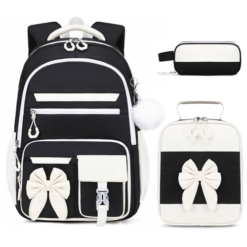 DIGOBAY Backpack for Girls, 3PCS Girls Backpack for School with Lunch Bag Pencil Case, Cute Kids Teens Bookbag for Kindergarten Elementary Preschool Middle School - color: Black-white