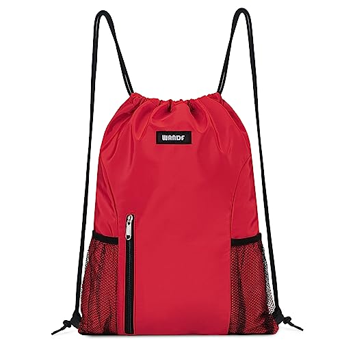 WANDF Drawstring Backpack Sports Gym Sackpack with Mesh Pockets Water Resistant String Bag for Women Men (Red) - color: Red