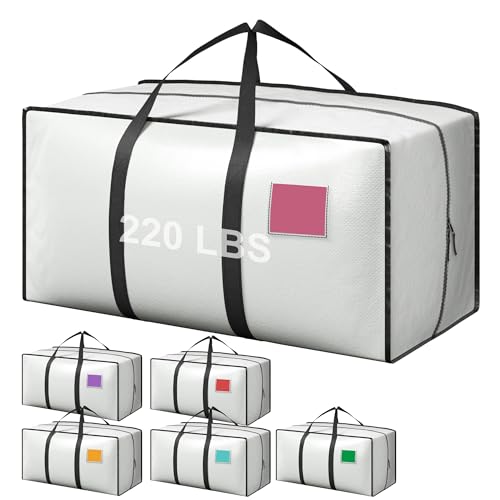 6 Pack Moving Bags Heavy Duty 210GSM with Full-Open Side Zipper, 93L 65lbs Waterproof Foldable Storage Totes for College Dorm Move-In, Moving Boxes Alternative & Home Organization,White - color: White, size: 6 Pack