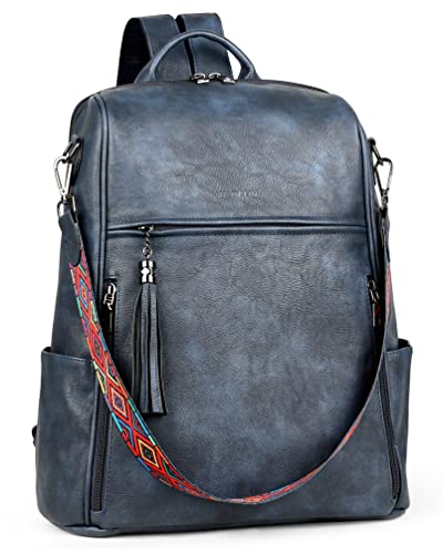 FADEON Leather Laptop Backpack for Women Designer 15.6 inch PU Laptop Bag, Ladies Travel Computer Work Backpack Blue - color: Dusty Blue Retro Style