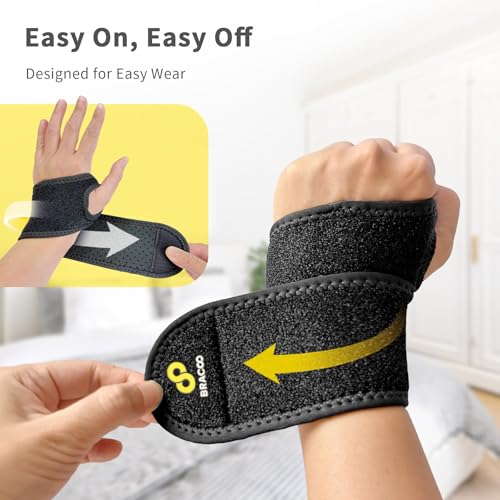 Bracoo Wrist Brace Compression Wrap – Adjustable Support Strap for Carpal Tunnel, Tendonitis, Arthritis, Pain Relief – Fitness & Weightlifting Wristband – Left or Right Hand – WS10 - color: Black