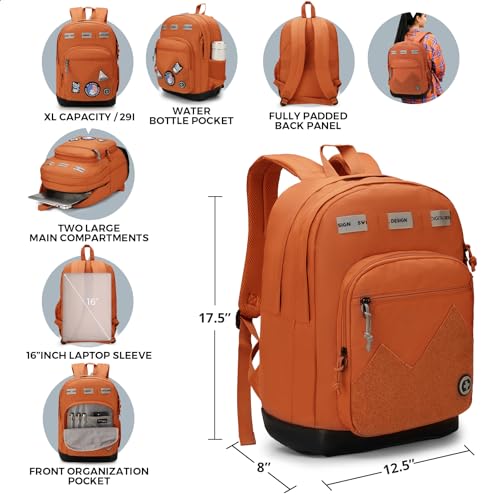 Swissdigital Design Big Student Laptop Backpack with Fun Personalized Patches For College Boy & Girl, Middle High School Teen Bookbag Cool Travel Daypack Orange - Includes 3 Patches | SD1718-33 - color: Burnt Orange