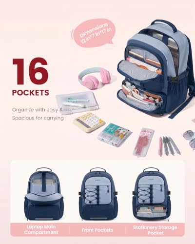 LOVEVOOK School Backpack for Teen Girls, Unique Style College Student Backpacks with Large Cup Holder, Cute Kid Bookbag with Pens Compartment, Large Capacity Back to School Backpack Fit 15.6'' Laptop - color: Navy Blue, size: Medium
