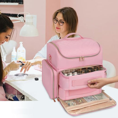 CUBETASTIC Extra Large Nail Polish Organizer Case Holds 86 to 100+ Bottles & Nail Lamp, Nail Supplies Storage Bag with 2 Removable Pouches, Nail Art Travel Box - color: Light Pink