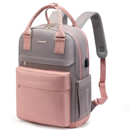 LOVEVOOK Laptop Backpack for Women, 15.6 Inch Anti-theft Laptop Bag with USB Port, Fashion Waterproof Computer Backpacks Teacher Nurse Backpack Purse for College Work - color: Pink-grey, size: 15.6 Inch