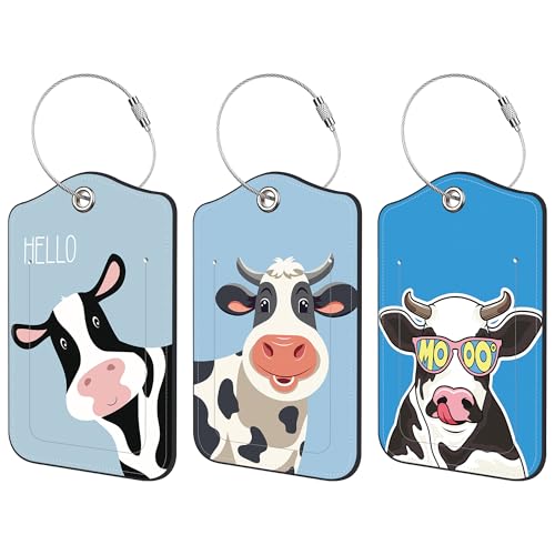 Funny Cow Luggage Tag for Suitcase 3 Pack Leather Luggage Tag with Privacy Flap Name ID Label and Metal Loop for Women Men Travel - color: Funny Cow