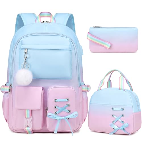 Scothen Backpacks for Girls, Girls Backpack with Lunch Box & Pencil Pouch for Teens Girl Kids Elementary Middle High School College Student Bookbag Daypack Laptop Travel Backpack for Women - color: Blue Purple