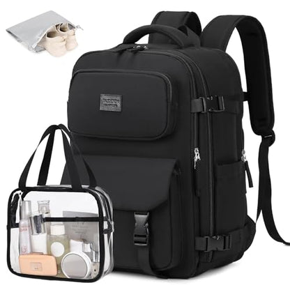 MOONBABY Travel Backpack for Women Men Carry On Flight Approved 3pcs Set Personal Item Travel Bag With Luggage Strap - color: Black-3pcs