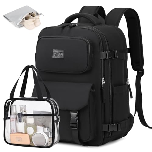 MOONBABY Travel Backpack for Women Men Carry On Flight Approved 3pcs Set Personal Item Travel Bag With Luggage Strap - color: Black-3pcs