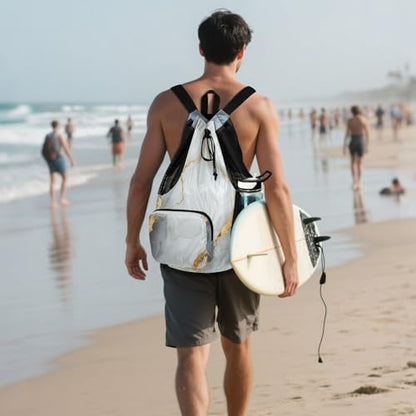 Drawstring Backpack For Women Men Sport Gym Sackpack With Water Bottle Holder String Bookbag Wet and Dry Separation Marble White Grey - color: Color 8