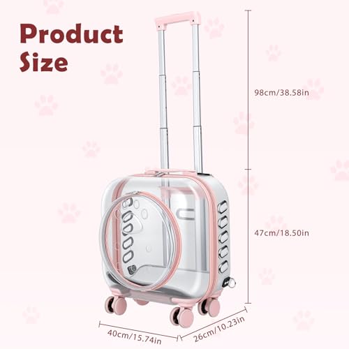 Cat Carrier Backpack with Silent Wheels, Clear Cat Stroller with Ventilation Holes, Telescopic Handle, Convenient Portable Cats Dogs Backpack for Travel (Light Pink-B) - color: Light Pink-B