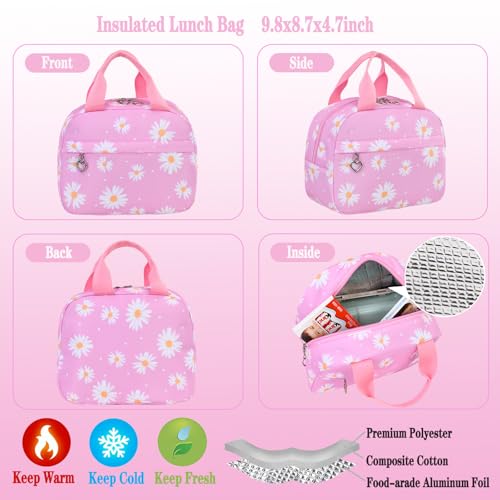 Girls Backpack Set with Lunch Box & Pencil Case, Floral Print Girls School Backpack for Elementary/Middle/High School (Pink-Daisy) - color: Pink-daisy