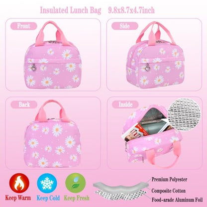 Girls Backpack Set with Lunch Box & Pencil Case, Floral Print Girls School Backpack for Elementary/Middle/High School (Pink-Daisy) - color: Pink-daisy