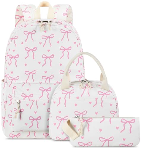 LOIDOU Backpack for Teen Girls Bookbags School Backpack with Lunch Box and Pencil Case 3 in 1 School Bags Set - color: Pink Bow Tie 18