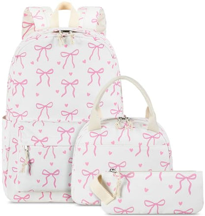 LOIDOU Backpack for Teen Girls Bookbags School Backpack with Lunch Box and Pencil Case 3 in 1 School Bags Set - color: Pink Bow Tie 18