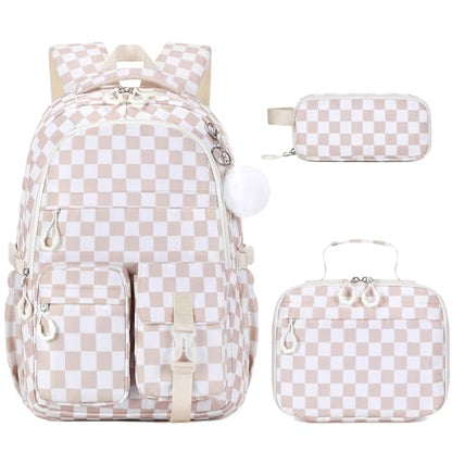 DIGOBAY 3PCS Girls Backpack for School, Kids Backpack for Girls with Lunch Bag Pencil Case, Kids Bookbag Teen Girl Backpacks for Elementary Middle High College School (Khaki Checkered) - color: Khaki Checkered