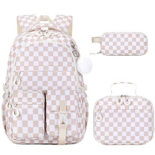 DIGOBAY 3PCS Girls Backpack for School, Kids Backpack for Girls with Lunch Bag Pencil Case, Kids Bookbag Teen Girl Backpacks for Elementary Middle High College School (Khaki Checkered) - color: Khaki Checkered