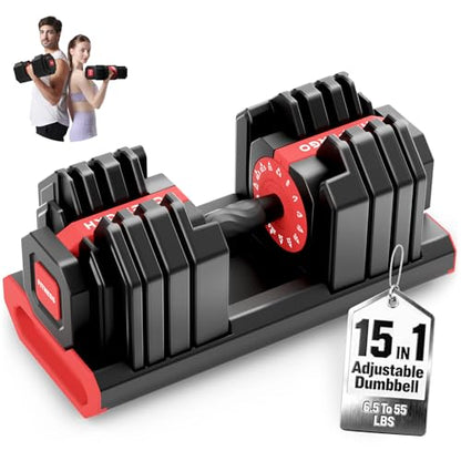 HXD-ERGO 15 in 1 Adjustable Dumbbell Weight, 1-Second Quick Change Weights, 55/110 LBS Free Weights with Anti-Slip Grip & Secure Lock, Space-Saving Home Gym Equipment for Men Women Full Body Workout - color: 55LBS, style: Single