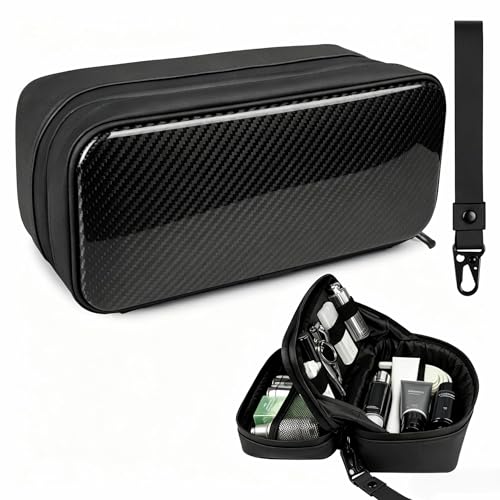 T-carbon Carbon Fiber Hard Shell Toiletry Bag for Men, Waterproof Hanging Dopp Kit with Dual Pockets, Lightweight Travel Shaving Grooming Organizer for Business Trips, Black