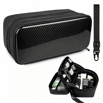 T-carbon Carbon Fiber Hard Shell Toiletry Bag for Men, Waterproof Hanging Dopp Kit with Dual Pockets, Lightweight Travel Shaving Grooming Organizer for Business Trips, Black