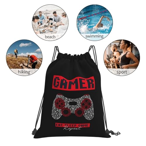 Gamer Eat Sleep Repeat Unisex Drawstring Backpack Bag Sport Gym Travel Swim Sackpack - color: Gamer Eat Sleep Repeat