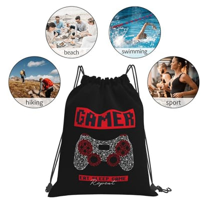 Gamer Eat Sleep Repeat Unisex Drawstring Backpack Bag Sport Gym Travel Swim Sackpack - color: Gamer Eat Sleep Repeat