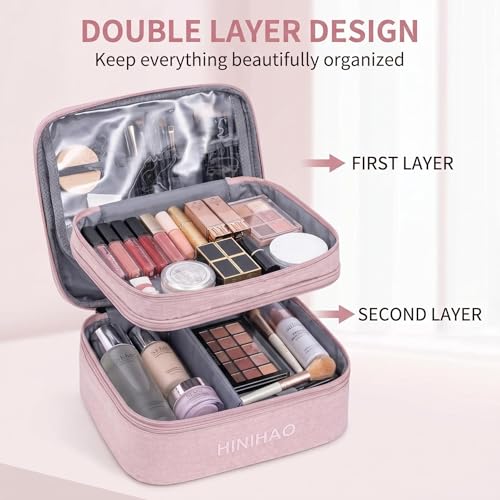 FAYYGYH Makeup Bag, Portable Cosmetic Bag, Travel Makeup Organizer With Handle and Divider, Double Layer Large Organizer Bag, Adjustable Dividers and Brush Organize area- Pink (makeup bag-small)