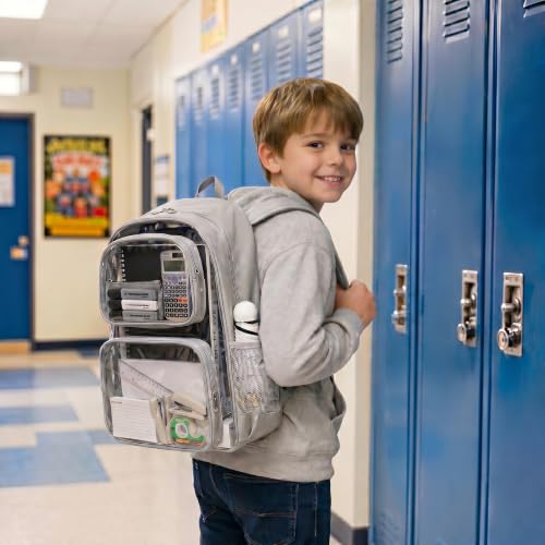 Sisipoet Clear Backpack for School, Heavy Duty PVC Transparent Backpack with Oxford Fabric Side Panels, Large Clear Bookbag for Teens Students Women Men, Grey - color: Grey