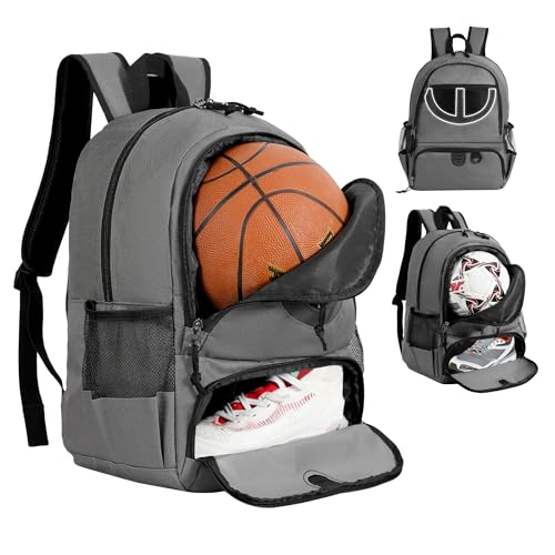 Basketball Bag Backpack for Men Women with Ball & Shoes Compartment 30L Capacity Lightweight Breathable Boys Girls Soccer Ball Bag Backpack Fit Volleyball Football Sports Travel School Gym - color: TK8Gray