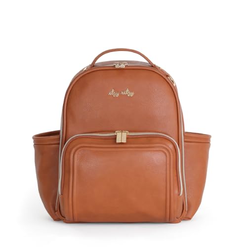Itzy Ritzy Mini Diaper Bag Backpack – Chic, Compact Mini Plus Backpack with Changing Pad, 10 Pockets (6 Internal, 4 External), Grab-Top Handle & Rubber Feet (Cognac) - color: Cognac