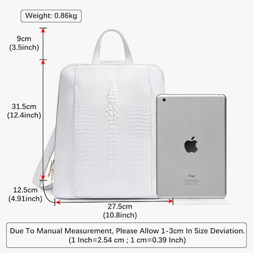 zency 100% Genuine Leather Knapsack Ladies Alligator Pattern Women Backpack For Work Laptop (White) - color: White