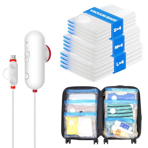 VMstr 12 Pack Travel Vacuum Storage Bags with USB Electric Pump, Compression Bags for Travel, Space Saver for Clothes and Clothing - style: 12 combo bags + USB pump