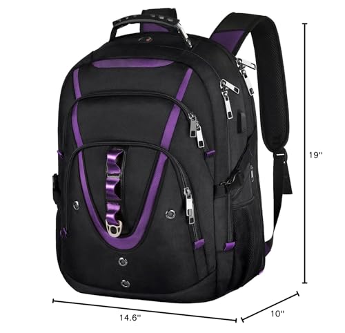 18.4 inch Travel Backpack Men Women, 55-60L Extra Large Laptop Backpack RFID Anti Theft TSA Friendly Flight Approved Backpacks, Water Resistant College School Heavy Duty, Purple - color: Black-purple, size: 18inch(21.5*16.3*9.9")