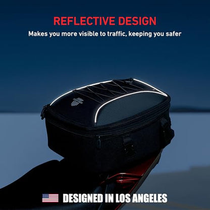 Nomad USA Motorcycle Tail Bag Fits Helmets, 22L-35L Expandable Hard Shell Waterproof Reflective Dual Rear Seat/Rack Bag Converts to Motorbike Backpack/Hand Carry Quick Release Bag w/Rain Cover