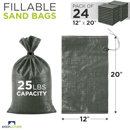 Heavy Duty Sand Bags Pack of 24, Army Green Empty Sandbags with Built-In Ties, Woven Polypropylene UV Protection 1600 Hours, Fillable Bags for Flood Control, Weight, 12x20 inches, 25 Pounds Volume - size: 12"W x 20"L, style: Pack of 24
