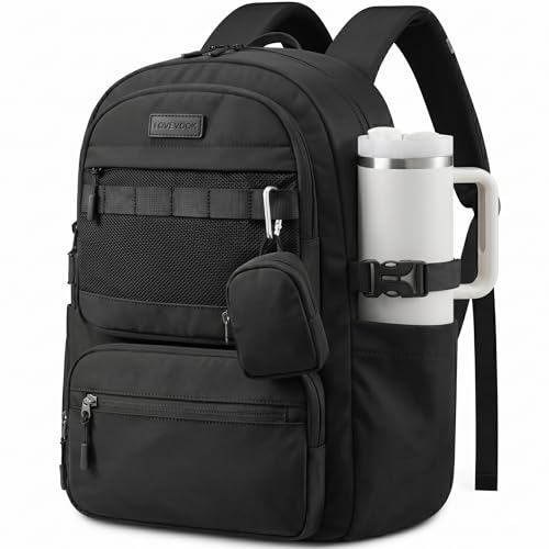 LOVEVOOK Laptop Backpack, 15.6" Carry On Airline Approved, Personal Item Bag Meets FAA Size, Trolley Sleeve Slides Over Suitcase, Waterproof Daypack for Travel College with Mini Pouch - color: Black, size: 15.6 Inch
