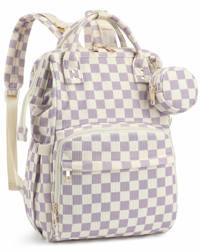 Corduroy Diaper Bag Backpack, Large Capacity Multifunction Baby Diaper Bags for Women, Insulated Bottle Pockets & Pacifier Case, Stylish Travel Nappy Changing Bags for Mom Dad (Checkered Purple) - color: Corduroy Checkered Purple