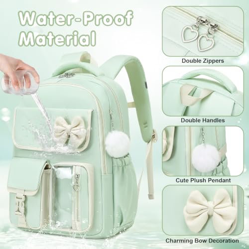 GeeWin Girls Backpack for School with Lunch Box & Pencil Case Set, 17 Inch Waterproof Cute Bow Girls Bookbag for Kids, Teens, Elementary Middle High College School Student (Green/Beige) - color: Green Beige