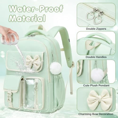 GeeWin Girls Backpack for School with Lunch Box & Pencil Case Set, 17 Inch Waterproof Cute Bow Girls Bookbag for Kids, Teens, Elementary Middle High College School Student (Green/Beige) - color: Green Beige