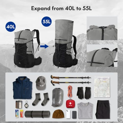 Haimont 40L+15L Roll-Top Backpacking Pack with Rain Cover, Grey | Expandable 55L, Hip Belt Support, Sleeping Pad Carry, Pole Attachments, YKK & Duraflex - color: Grey