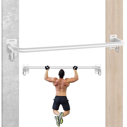 36" Heavy Duty Pull Up Bar Wall/Joist Mounted, 600 LB Capacity, Multi-Grip Bar for Garage & basement rafter Use - All-in-One Workout Station with Carabiners & Space-Saving Design - color: White