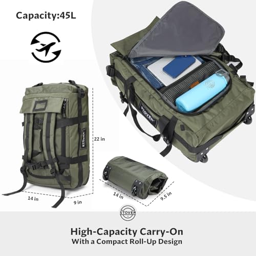 STOVER 45L Carry-On U-Zip Rolling Duffel Bag with Wheels, Medium Durable Travel Duffle w/Toiletry Bag, Heavy-Duty, Packable, Foldable w/Shoulder Straps- Use as Luggage or Backpack, Men/Women (Green) - color: U-Zip Green