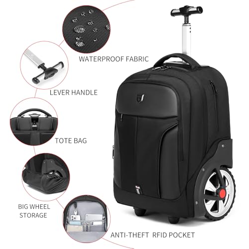 18Inch Rolling Backpack, Waterproof Wheeled Laptop Backpack, 40L, Black, Unisex, Modern Travel Daypack - color: Black, size: 18IN